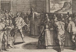 Platt 23: Konferens om vilka åtgärder man ska vidta mot romarnas nya trupper som närmar sig ..., 1611. av Antonio Tempesta