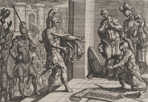 Plåt 26: Cerialis benådar och avlastar romerska soldater som hade hjälpt Civilis, från The Wa..., 1611. av Antonio Tempesta