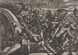 Plåt 27: Holländarna under en överraskningsattack av det romerska lägret vid Mosel, från The Wa..., 1611. av Antonio Tempesta