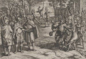 Platt 2: Romarna tar gamla holländska män som gisslan och förför unga, från kriget..., 1611. av Antonio Tempesta
