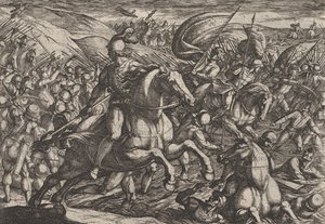 Plåt 30: Cerialis driver holländarna in i Rhen, från The War of the Romans Against th..., 1611. av Antonio Tempesta