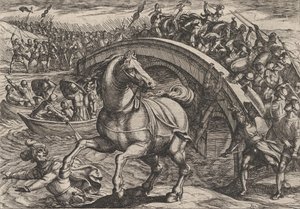 Plåt 31: Civilis tvingad att stiga av och simma över floden, från The War of the Romans..., 1611. av Antonio Tempesta