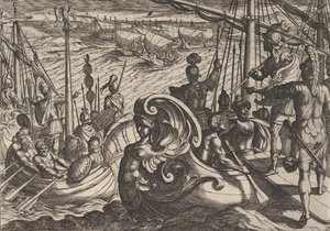 Plåt 33: Holländska och romerska flottiler på Rhen, från The War of the Romans Against the B..., 1611. av Antonio Tempesta