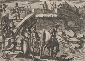 Platta 36: Civilis och Cerialis möts på en bruten bro för att nå en överenskommelse, från The War of..., 1611. av Antonio Tempesta