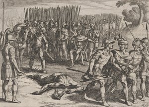 Plåt 3: Claudius Civilis arresterad och hans bror Paulus halshuggen, från The War of the Ro..., 1611. av Antonio Tempesta