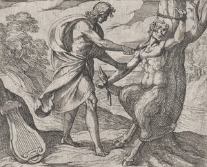 Plåt 58: Apollo Killing Marsyas Marsyas besegrad av Apollo, från Ovids 