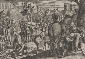 Tavla 5: Bruno utnämnd till ledare för hundfatterna, från The War of the Romans Against the..., 1611.
