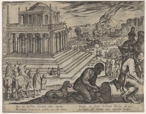 Plåt 5: Mausolus grav, stenhuggare gör en kolumn till höger, från De sju underverken..., 1608. av Antonio Tempesta