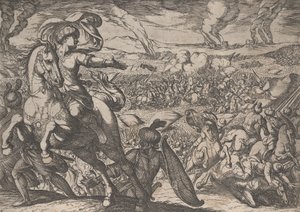 Plåt 6: Darius flyr från slagfältet, från Alexander den stores gärningar, 1608. av Antonio Tempesta