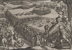 Platta 6: Romarna besegrade nära Rhen, från The War of the Romans Against the Batavians ..., 1611. av Antonio Tempesta
