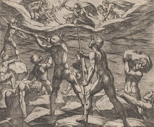 Plåt 6: Jättarna som försöker storma Olympus Gigantomachia, från Ovidius 