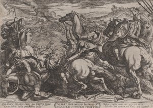 Plåt 6: Israeliterna besegrade av kanaanéerna för att ha varit olydiga mot Moses..., ca. 1590-ca. 1610.