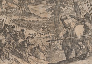 Plåt 8: Alexander omringar fiendetrupperna med eld, från The Deeds of Alexander the ..., 1608. av Antonio Tempesta
