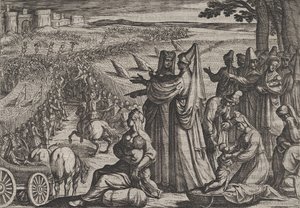 Platt 8: Kvinnor och barn observerar Civilis som slåss mot romarna, från The War of the Roma..., 1611. av Antonio Tempesta