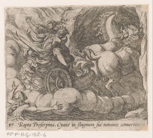 Pluto slukar Proserpina som försmäktar från nymfen Cyane Bortförd av Proserpina, förvandlas Cyane till en egen pool (titel på objekt) Metamorfoseon eller transformationer (serietitel) Metamorfosen van Ovidius (serietitel) av Antonio Tempesta