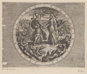 Rome en Batavia schudden varandra de hand Society of the Romans and the Dutch (titel på objekt) De Bataafse oorlogen tegen de Romeinen (serietitel) Slaget mellan holländarna med romarna (serietitel) av Antonio Tempesta