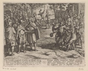 Romarna köper de unga holländska männen av de holländska äldre De bataviska krigen mot romarna (serietitel) Batavorum cum Romanis Bellum (serietitel) av Antonio Tempesta