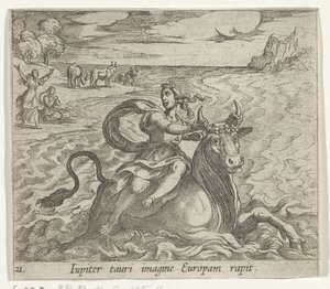 Takbil Europa Jupiter fångar Europa i bilden av en tjur (titel på objekt) Metamorfoseon eller transformationer (serietitel) Metamorfosen van Ovidius (serietitel) av Antonio Tempesta