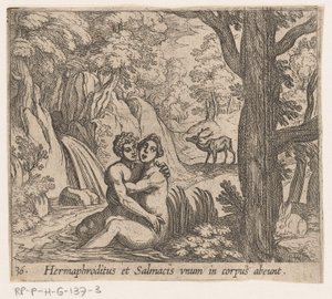 Salmacis och Hermafroditus Hermafroditus och Salmacius lämnar som en kropp (titel på objekt) Metamorfoseon eller transformationer (serietitel) Metamorfosen van Ovidius (serietitel) av Antonio Tempesta