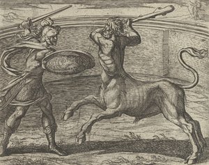 Theseus and the Minotaur Minotaurum Theseus vincit, från The Metamorphos..., publicerad efter 1606.