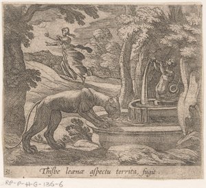 Thisbe vlucht voor the leeuwin av bron Detta är aspekten av territoriumflykten (titel på objekt) Metamorphosis and Transformation (serietitel) The Metamorphoses of Ovid (serietitel) av Antonio Tempesta