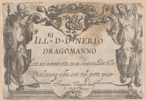 Titeltryck med kartusch med dedikation, flankerad av Minerva och Faam Jaktscener (del 1) (serietitel) av Antonio Tempesta