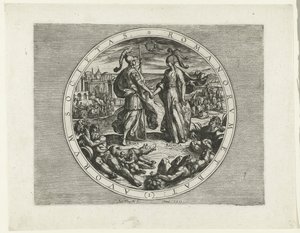 Titelprent voor de serie De Bataafse Opstand, 69-70 Society of the Romans and the Dutch (1) (titel på objektet) De Bataafse Opstand (serietitel) Holländarnas krig med romarna, à Cor. Tacito / De Batavische Oft Oude Hollandtsche Oorloghe teghen de Romeynen  av Antonio Tempesta
