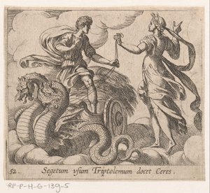 Triptolemus ontagunt de wagon van Ceres Ceres lär Triptolemus grödan (titel på objekt) Metamorfoseon eller transformationer (serietitel) Metamorfosen van Ovidius (serietitel) av Antonio Tempesta