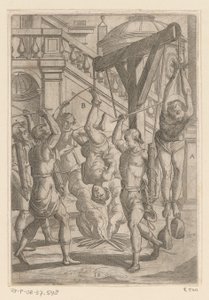 Brinnande hänger upp och ner och slår Tortyr som lidit av kristna martyrer (serietitel) Varia tormentorum et supplicioru crudelium (...) (serietitel) av Antonio Tempesta