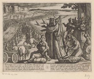 Kvinnor och barn ser Julius Civilis besegra romarna De bataviska krigen mot romarna (serietitel) Batavorum cum Romanis Bellum (serietitel) av Antonio Tempesta