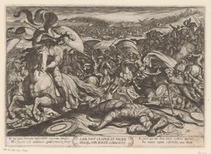 Sauls självmord efter hans nederlag av filistéerna Saul post cladem et necem fillor sibl morte conscivit (titel på objekt) Gamla testamentets stridsscener (serietitel) av Antonio Tempesta