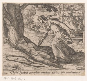 Zelfmoor van Thisbe Thijsbe hade korsat sitt bröst efter exemplet med Pyramus (titel på objekt) Metamorfoseon eller transformationer (serietitel) Metamorfosen van Ovidius (serietitel) av Antonio Tempesta