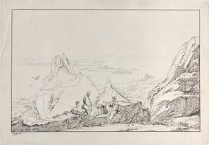 Bergigt landskap med två män i förgrunden, 1828. av Antonio Vianello
