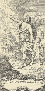 En ängel leder en ung pojke och gör en gest mot molnen, ca. 1708-82.