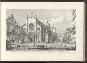 Utsikt över kyrkan Santi Giovanni e Paolo i Venedig Platea S. S. Johannis et Pauli, eorum Templum et Schola D. Marci (titel på objekt) Utsikt över byggnader och torg i Venedig (serietitel) Urbis Venetiarum prospectus celebriores, ex Antonii Can