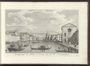 Utsikt över Canal Grande, Santa Maria di Nazareth och San Simeone Piccolo i Venedig Prospekt från det heliga korsets hus till P. P. Discalceatos (titel på objekt) Den mest kända utsikten över staden Venedig, från Antoniuskanalens 38 paneler, tryckta i mäss av Antonio Visentini