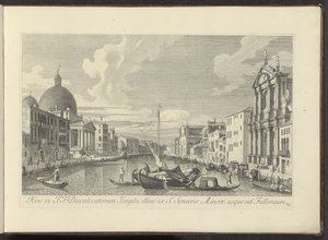 Utsikt över Canal Grande, Santa Maria di Nazareth och San Simeone Piccolo i Venedig Därav från F.F. Temple of the Discalced, bortom från S. Simeon Minor till Fullonium (titel på objekt) Den mest kända utsikten över staden Venedig, från Antoniuskanalen av Antonio Visentini