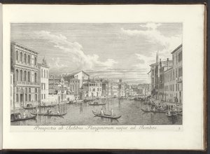 Se på Canal Grande och Palazzo Flangini i Venedig Utsikt från husen i Flanginos till Bembos (titel på objekt) Den mest kända utsikten över staden Venedig, från Antoniuskanalens 38 paneler, tryckta i mässing av Antonio Visentini, i tre delar av Antonio Visentini