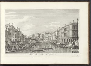 Se över Canal Grande och Rialtobrug i Venedig Rivoalti-bron mot öst (titel på objekt) Den mest kända utsikten över staden Venedig, från Antoniuskanalens 38 paneler, tryckta på mässing av Antonio Visentini, uppdelade i tre delar. den andra delen (ser av Antonio Visentini