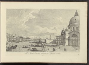Se på Canal Grande och Santa Maria della Salute i Venedig Från Frälsningens hus till kanalchefen (titel på objekt) Den mest kända utsikten över staden Venedig, från Antoniuskanalens 38 paneler, tryckta i mässing av Antonio Visentini, i tre delar