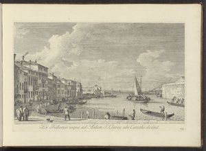 Se på Canal Grande och kyrkan i Santa Chiara i Venedig Från tvättstugan till House of St. Clare där kanalen slutar (titel på objekt) Den mest kända utsikten över staden Venedig, från Antoniuskanalens 38:e panel, tryckt i mässing av Antonio Visentini i av Antonio Visentini