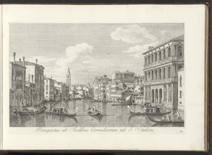 Utsikt över Canal Grande och torn från San Vitale i Venedig Utsikt från Cornelius hus till St. Vital (titel på objekt) Den mest kända utsikten över staden Venedig, från Antoniuskanalens 38 paneler, tryckta i trä av Antonio Visentini av Antonio Visentini