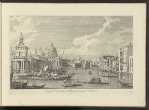 Utsikt över Canal Grande i Venedig Chef för kanalen och ingången till staden (titel på objekt) Den mest kända utsikten över staden Venedig, från Antoniuskanalens 38 paneler, tryckta på mässing av Antonio Visentini, uppdelade i tre delar. del ett (serietite