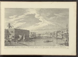 Utsikt över Canal Grande i Venedig Härifrån till Public Houses of Rivoalti, på andra sidan från SS. Apostlar till Grimana-huset (titel på objekt) Den mest kända utsikten över staden Venedig, från Antoniuskanalens 38 paneler i mässing, tryckta av Antonio Vi av Antonio Visentini