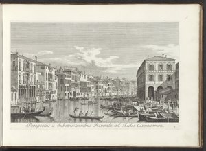 Utsikt över Canal Grande i Venedig Utsikt från Rivoalti Substructures till Aedes Civranorum (titel på objekt) Den mest kända utsikten över staden Venedig, från Antoniuskanalens 38 paneler, tryckta på mässing av Antonio Visentini, uppdelade i tre delar. sid