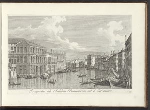 Utsikt över Canal Grande i Venedig Utsikt från husen i Pisa till St. Jeremia (titel på objektet) Den mest kända utsikten över staden Venedig, från Antoniuskanalens 38 paneler, tryckta på mässing av Antonio Visentini, uppdelade i tre delar. den andra delen