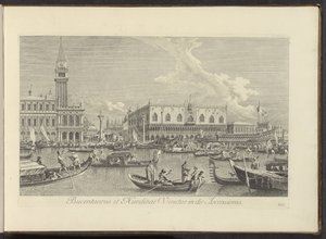 Se på Canal Grande te Venetië med Bucintoro van de doge Bucentaurus och Nundinae Venetae på Kristi himmelsfärdsdagen (titel på objekt) Den mest kända utsikten över staden Venedig, från Antoniuskanalens 38 paneler, tryckta på luft av Antonio Visentini delvi av Antonio Visentini
