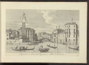 Se över Cannaregio i Palazzo Labia i Venedig Ingång till Royal Canal från St. Jeremiahs hus (titel på objektet) Den mest kända utsikten över staden Venedig, från Antonio Canals 38 paneler tryckta på luft av Antonio Visentini, uppdelade i tre delar av Antonio Visentini