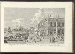 Hoek van het San Marcoplein med de Biblioteca Marciana Utsikt från Column of St. Theodore till ingången till Canal Grande (titel på objektet) Den mest kända utsikten över staden Venedig, från Antoniuskanalens 38 paneler i mässing, tryckta av Antonio Visent av Antonio Visentini