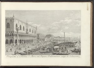 Hoek van het San Marcoplein met het Dogepalis en de zuil met de Leeuw van Venetië Utsikt från Markuspelaren till Dalmatiens strand vulgò de